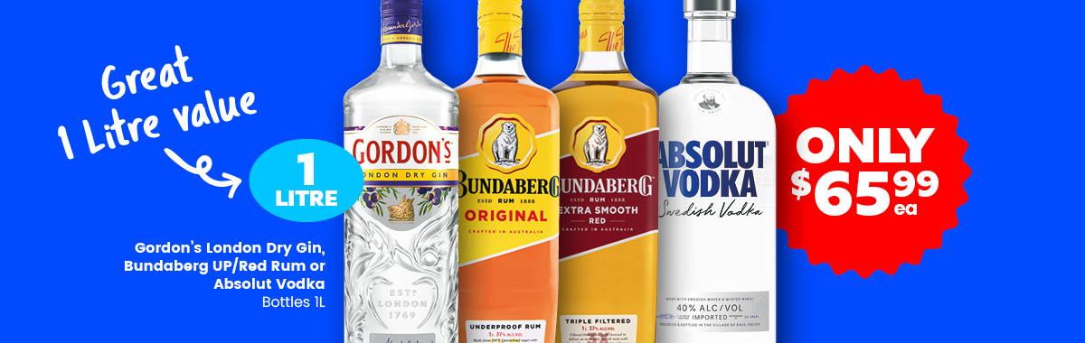 LLP13 Slider Absolut Vodka Bundaberg UPRed Rum or Gordons London Dry Gin 65.99