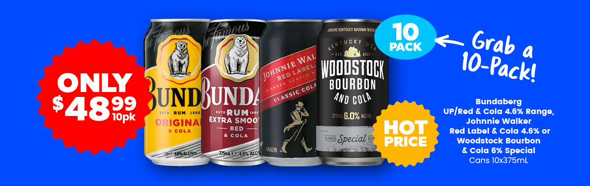 LLP13 Slider Bundaberg UPRed Cola 4.6 Range Johnnie Walker Red Label Cola 4.6 or Woodstock Bourbon Cola 6 Special 48.99