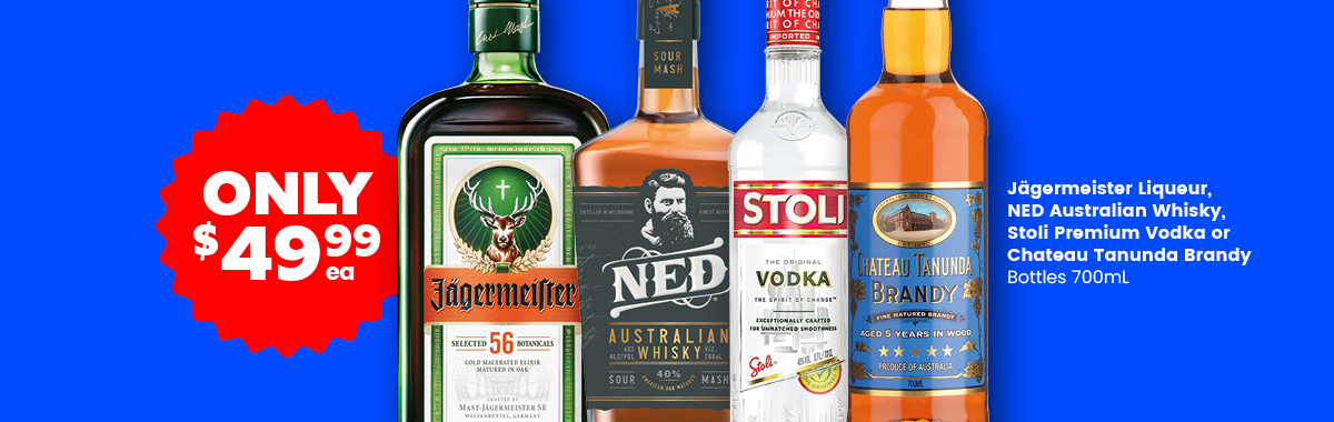 LLP13 Slider Jagermeister Liqueur NED Australian Whisky Stoli Premium Vodka or Chateau Tanunda Brandy 49.99