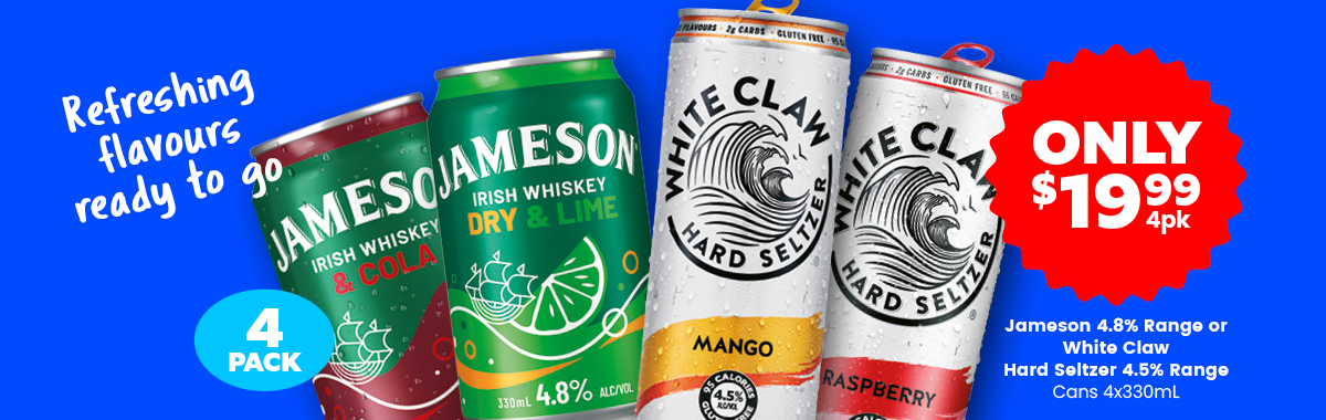 LLP13 Slider Jameson 4.8 Range or White Claw Hard Seltzer 4.5 Range 19.99