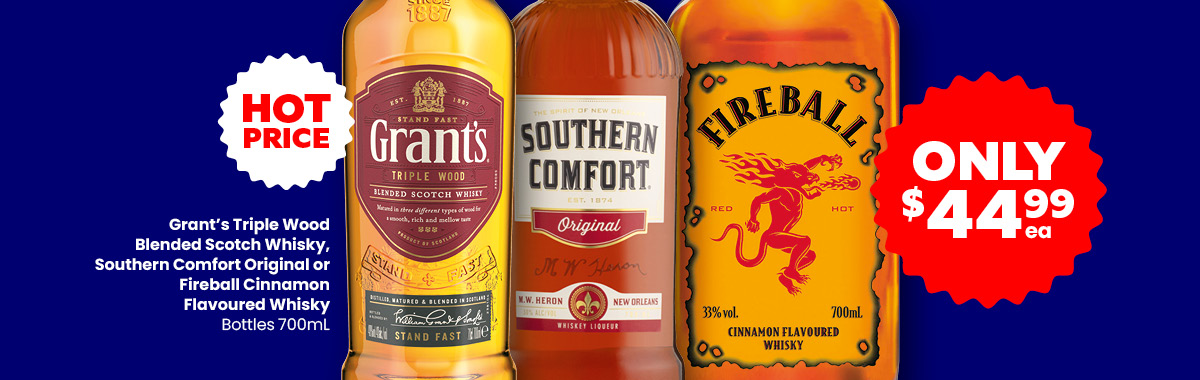 LLP15 Sliders Grants Triple Wood Blended Scotch Whisky Southern Comfort Original or Fireball Cinnamon Flavoured Whisky 44.99