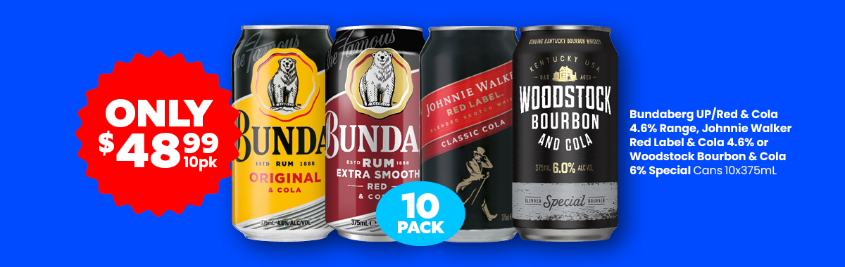 LL17 Sliders Bundaberg UP Red Cola 4.6percentage Range Johnnie Walker Red Label Cola 4.6percentage or Woodstock Bourbon Cola 6percentage Special 48.99