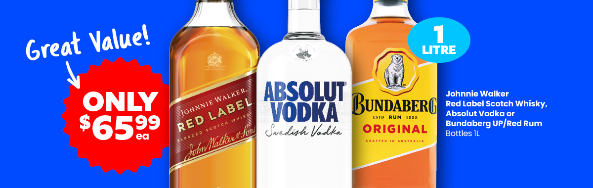 LL17 Sliders Johnnie Walker Red Label Scotch Whisky Absolut Vodka or Bundaberg UP Red Rum 65.99