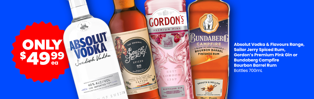 LLP19 0426 Sliders Absolut Vodka Flavours Range Sailor Jerry Spiced Rum Gordons Premium Pink Gin or Bundaberg Campfire Bourbon Barrel Rum 49.99