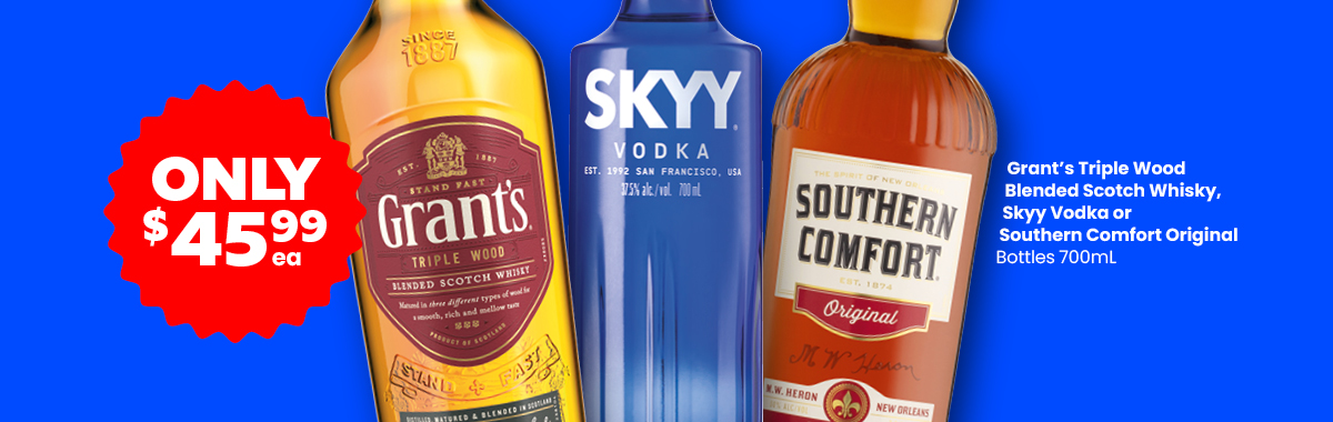 LLP19 0426 Sliders Grants Triple Wood Blended Scotch Whisky Southern Comfort Original or Skyy Vodka 45.99