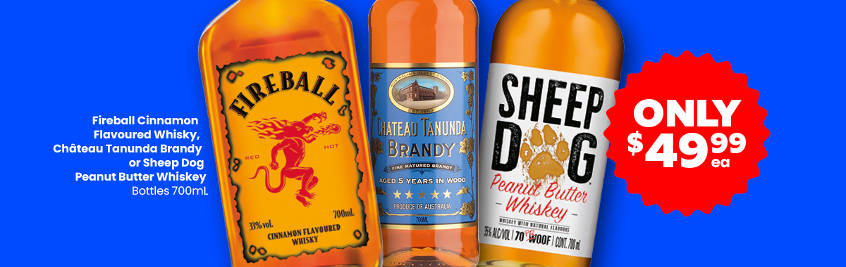 LLP19 0426 Sliders Sheep Dog Peanut Butter Whiskey Fireball Cinnamon Flavoured Whisky or Chateau Tanunda Brandy 49.99