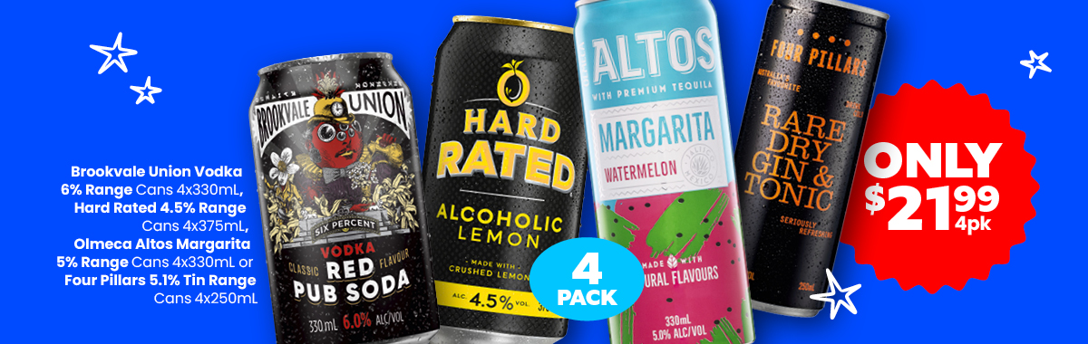 LLP21 Sliders Hard Rated 4.5percent Olmeca Altos Margarita 5percent Brookvale Union Vodka 6percent Four Pillars 5.1percent Tin Ranges 21.991