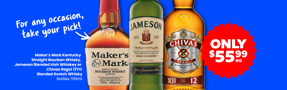 LLP25 Sliders Makers Mark Kentucky Straight Bourbon Whisky Chivas Regal 12YO Blended Scotch Whisky Jameson Blended Irish Whiske