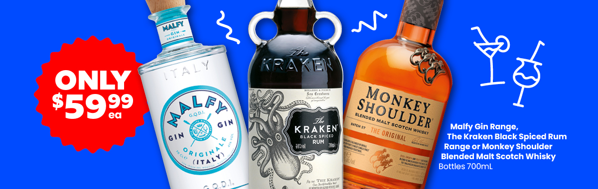 LLP25 Sliders The Kraken Black Spiced Rum Range Malfy Gin Range Monkey Shoulder Blended Malt Scotch Whisky 59.99