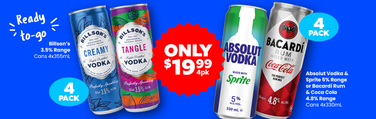 LLP27 Sliders Billsons Absolut Vodka and Sprite Bacardi Rum and Coca Cola 4pk 19.99