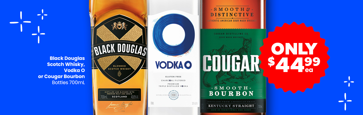 LL33 Sliders Black Douglas Scotch Whisky Cougar Bourbon or Vodka O Bottles 700mL 44.99