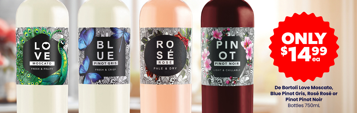 LL35 Sliders De Bortoli Love Moscato Blue Pinot Gris Rose Rose or Pinot Pinot Noir Bottles 750mL 14.99